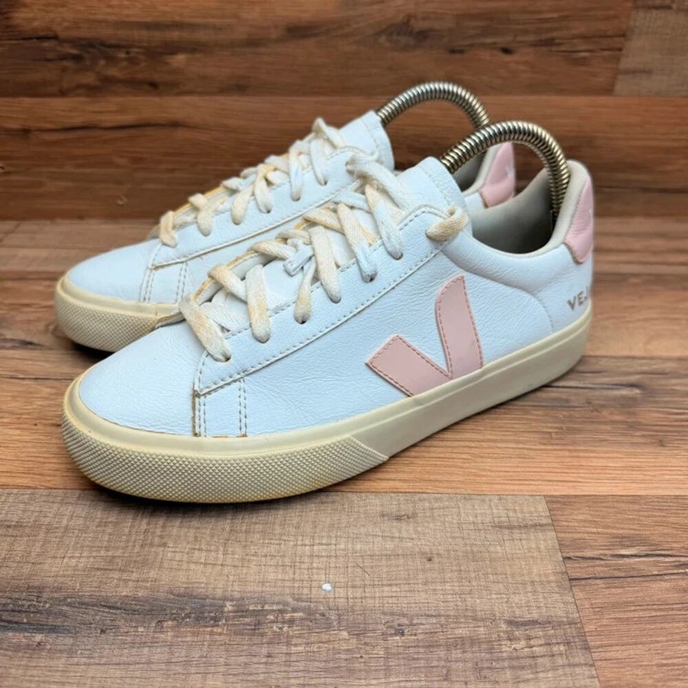 Veja Campo Womens US 8 EUR 39 White Pink Leather Sneakers Low Top Brazil